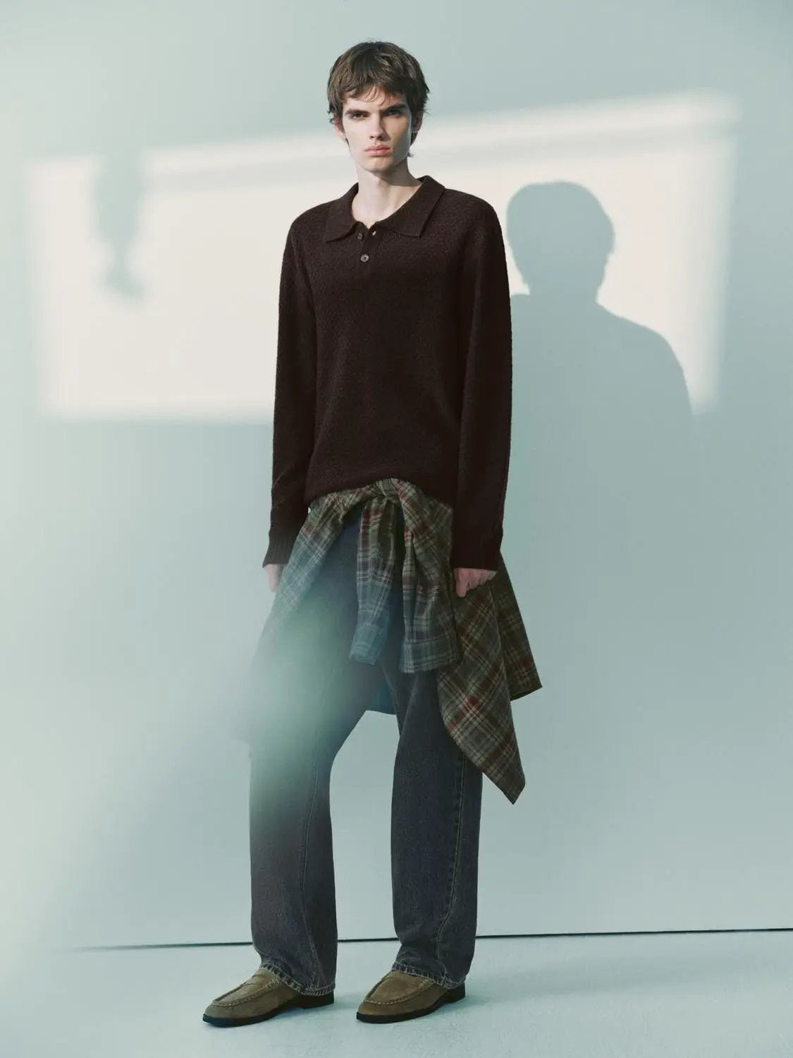 Textured Long Sleeve Polo Collar Knit Sweater