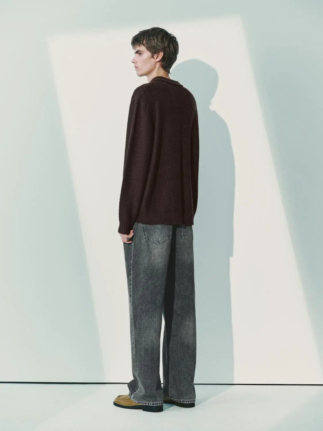Textured Long Sleeve Polo Collar Knit Sweater