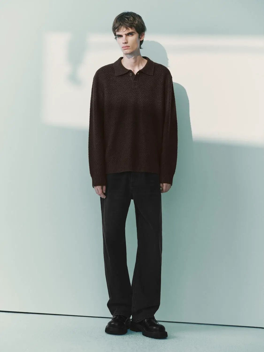 Textured Long Sleeve Polo Collar Knit Sweater