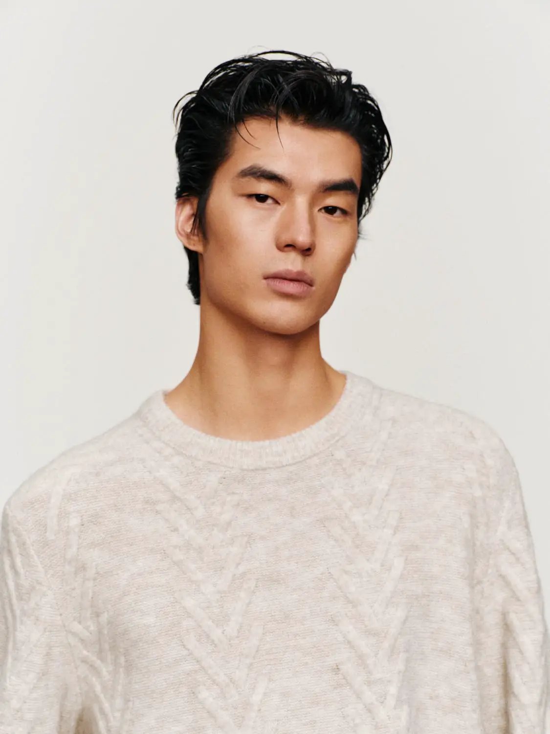 Textured Cable Knit Ribbed Hem Crew Neck Long Sleeve Sweater