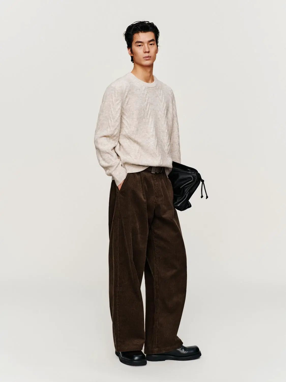 Textured Cable Knit Ribbed Hem Crew Neck Long Sleeve Sweater