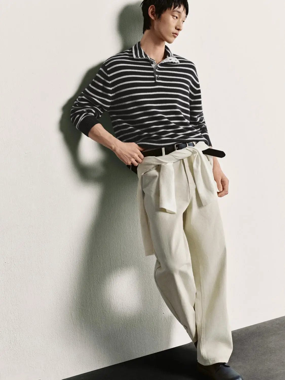 Horizontal Striped Long Sleeve Polo Collar Ribbed Sweater