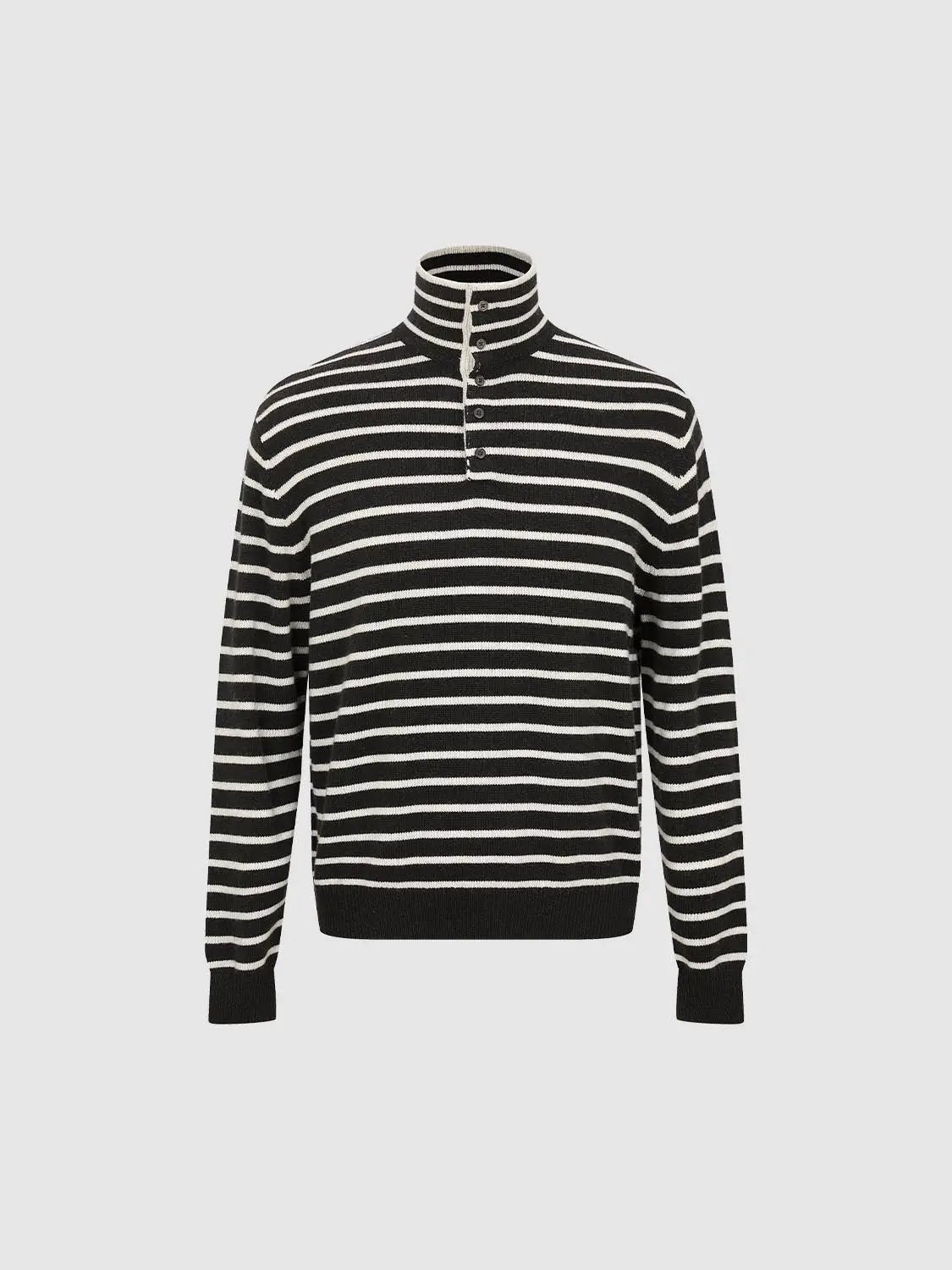 Horizontal Striped Long Sleeve Polo Collar Ribbed Sweater