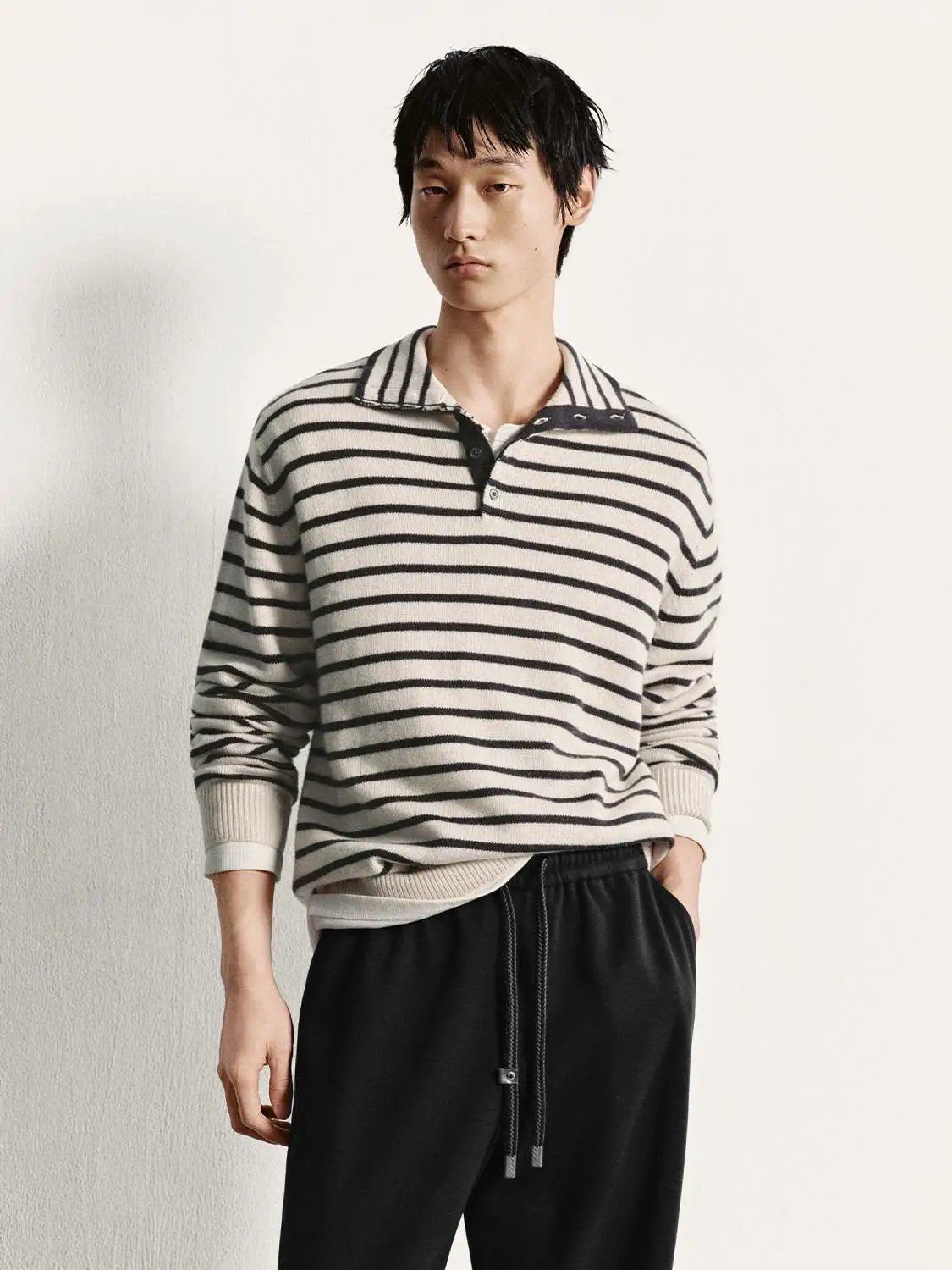Horizontal Striped Long Sleeve Polo Collar Ribbed Sweater