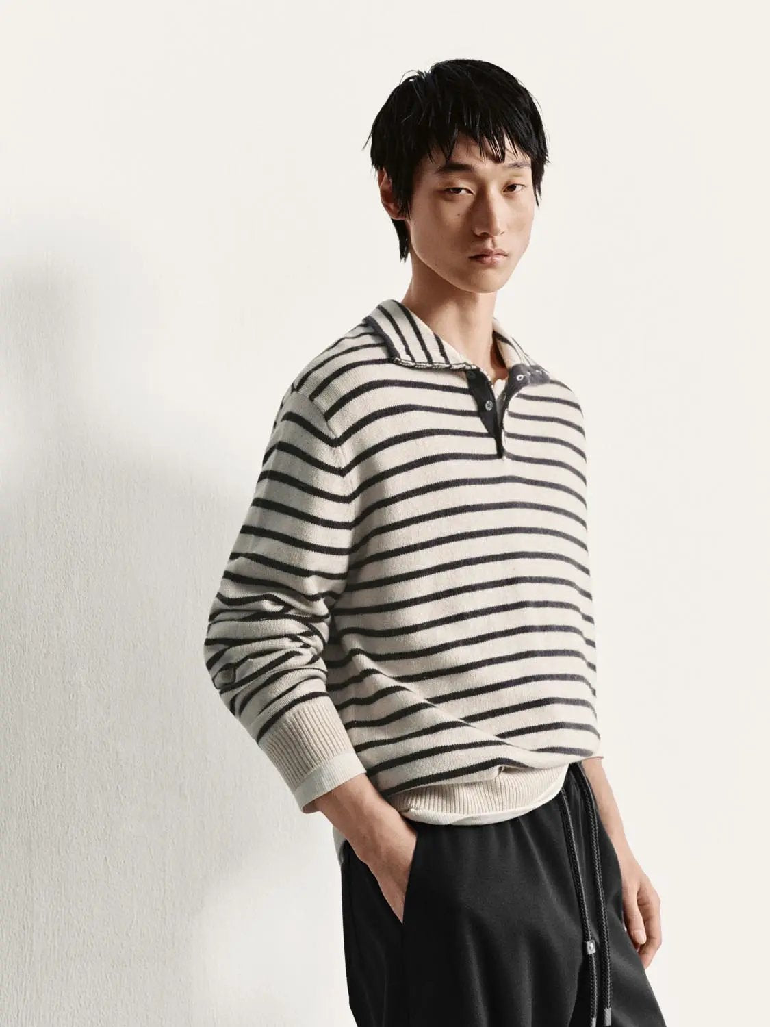 Horizontal Striped Long Sleeve Polo Collar Ribbed Sweater
