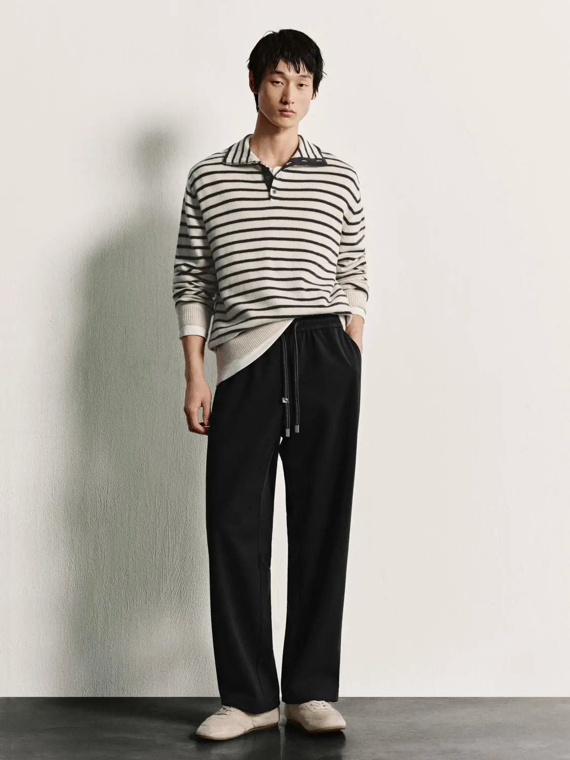 Horizontal Striped Long Sleeve Polo Collar Ribbed Sweater