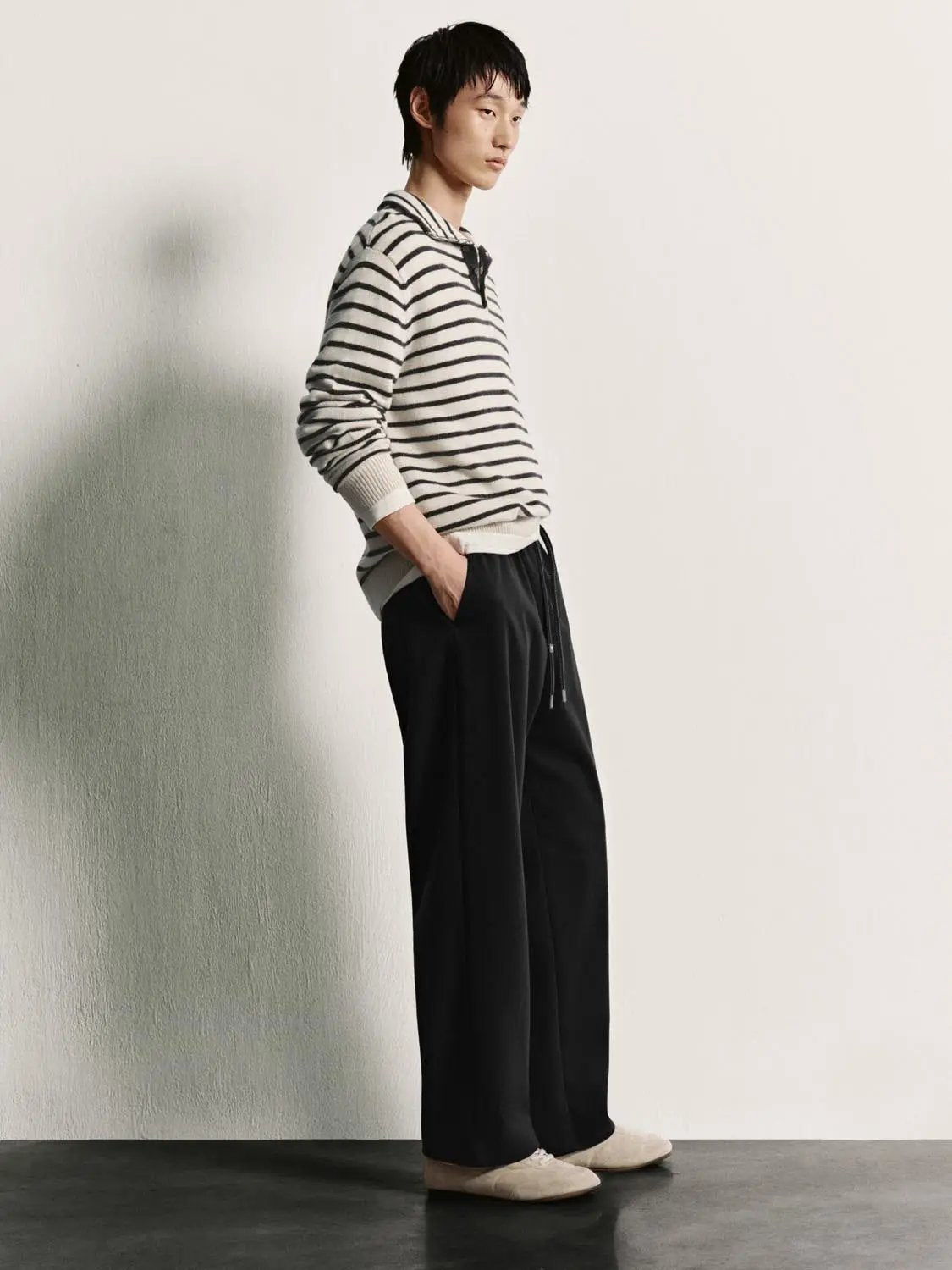 Horizontal Striped Long Sleeve Polo Collar Ribbed Sweater