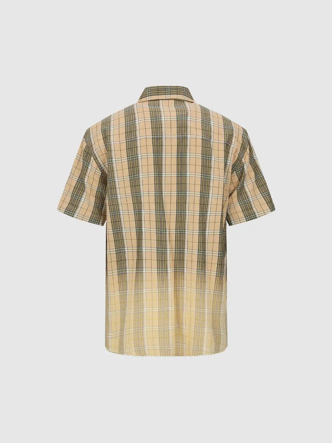 Checked Oversized Shirt Collar Short Sleeve Raw Hem Cotton Shirt