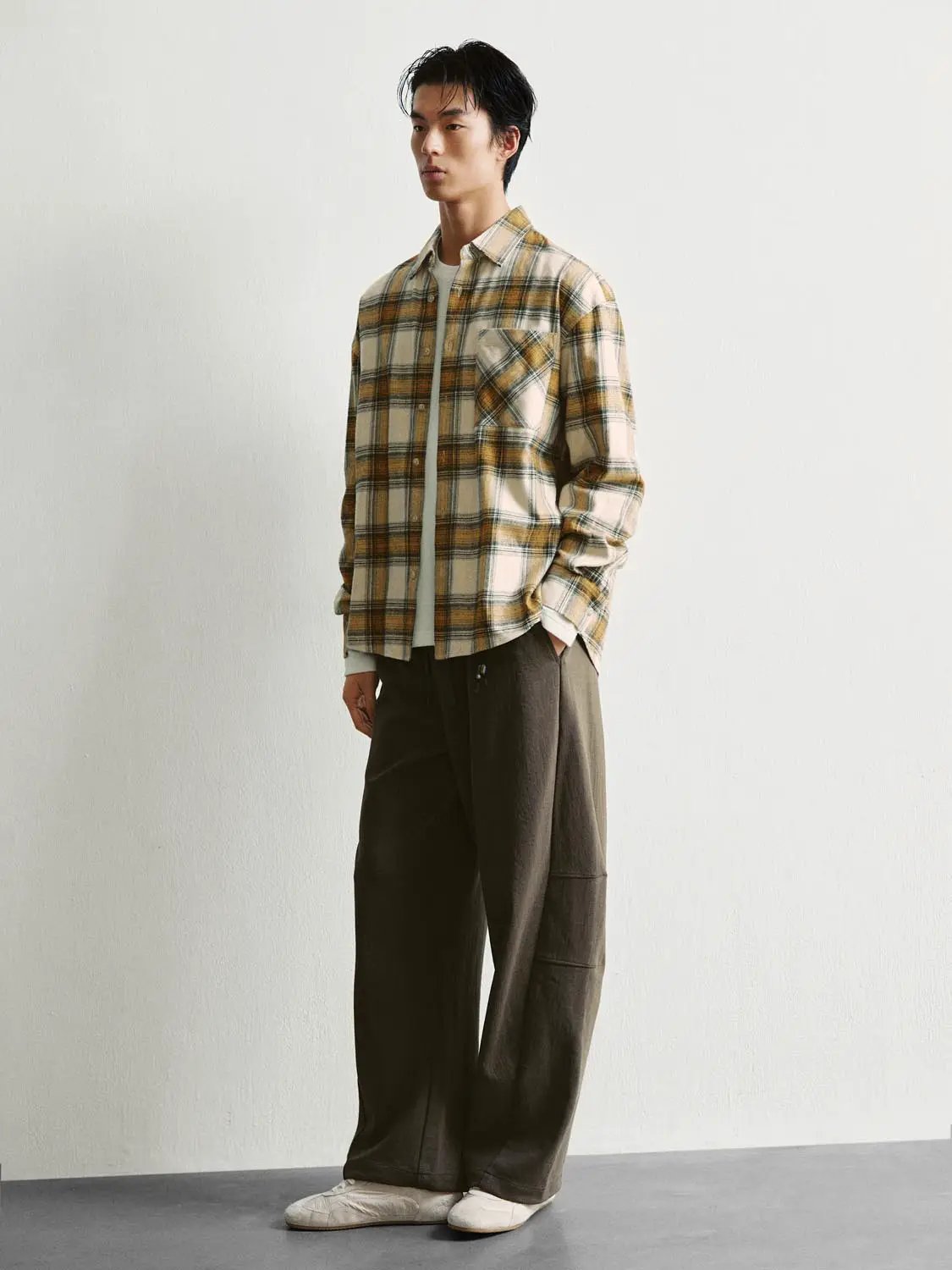 Open Front Checked Boxy Long Sleeve Cotton Collar Shirt