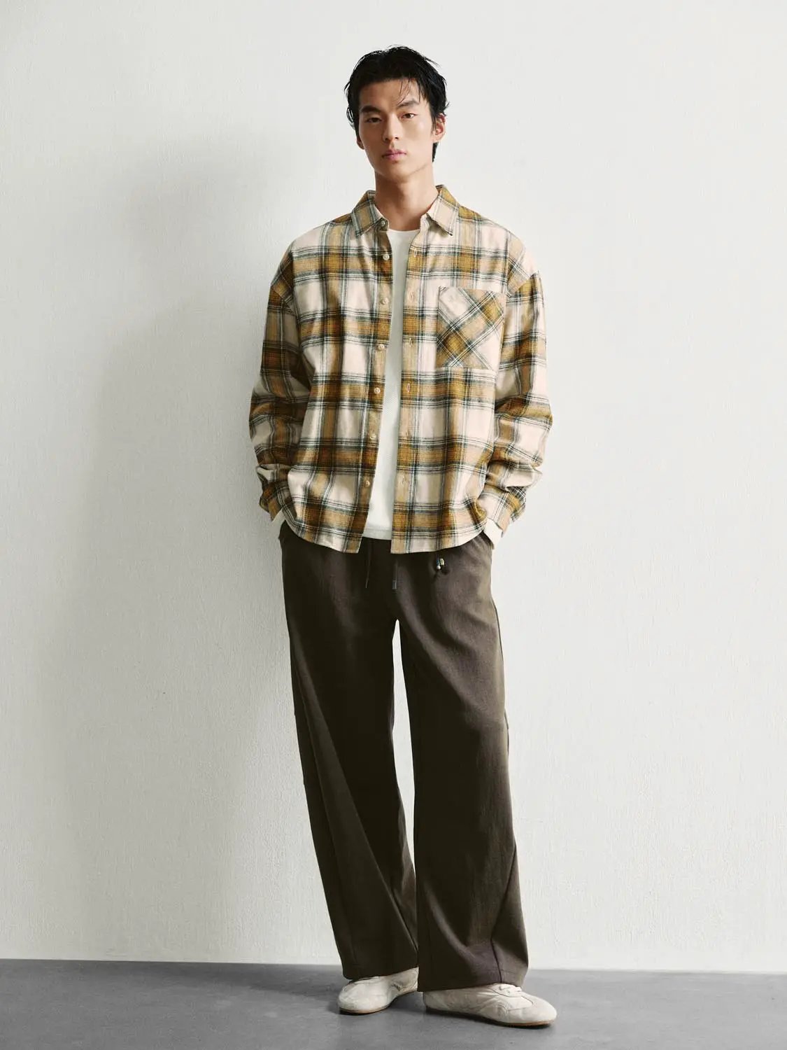 Open Front Checked Boxy Long Sleeve Cotton Collar Shirt