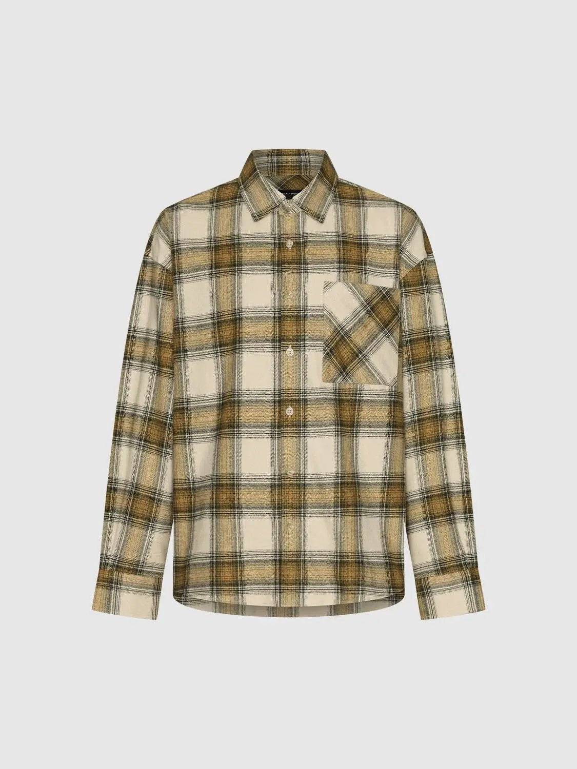 Open Front Checked Boxy Long Sleeve Cotton Collar Shirt