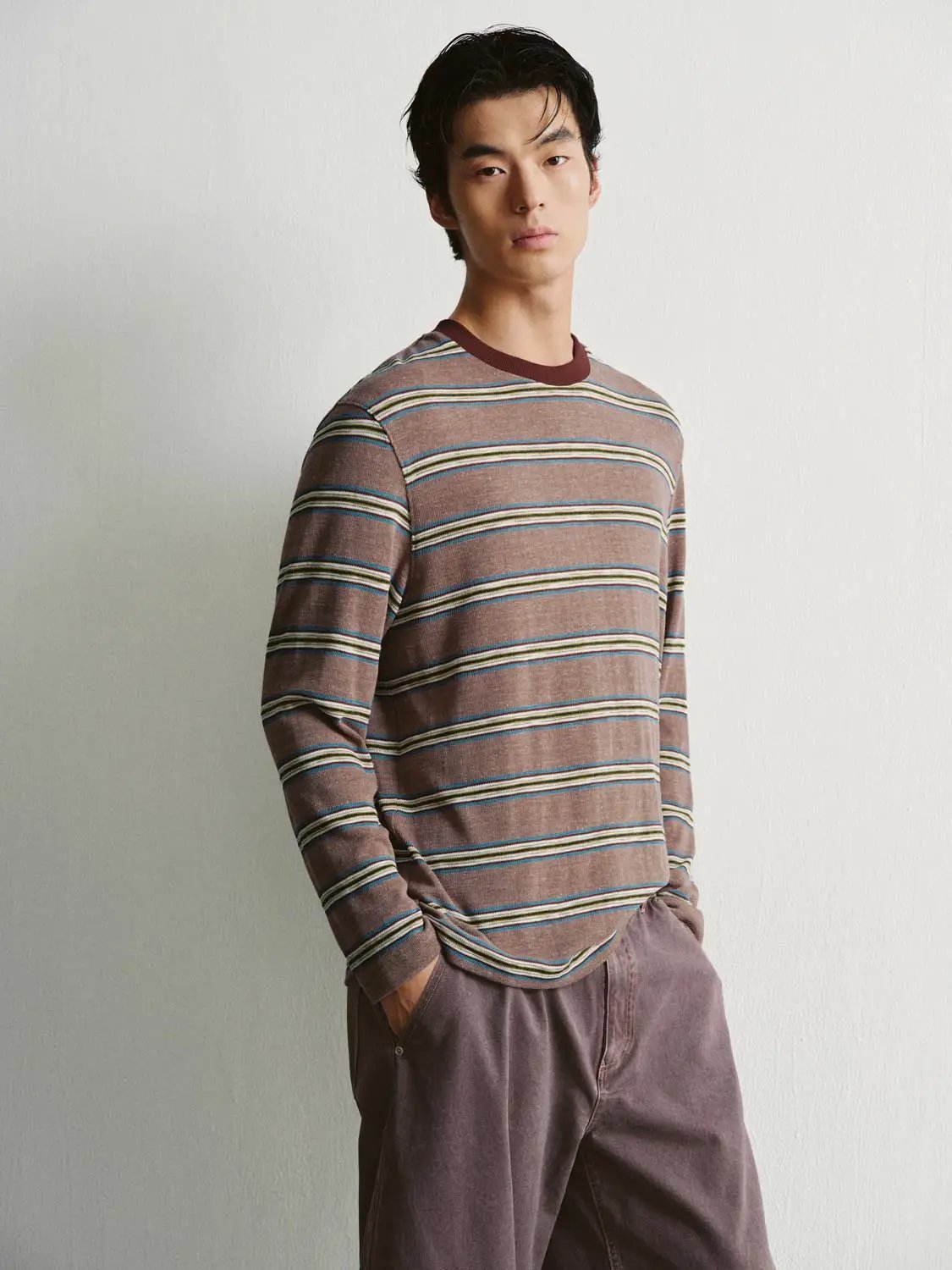 Striped Crew Neck Long Sleeve Cotton Blend T-Shirt