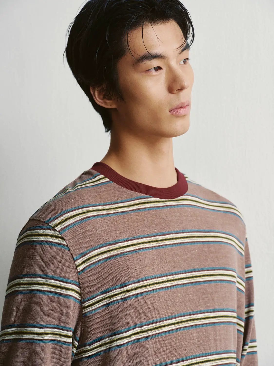 Striped Crew Neck Long Sleeve Cotton Blend T-Shirt