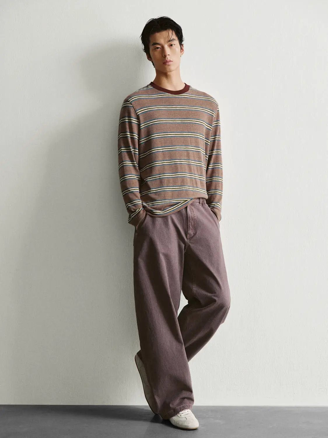 Striped Crew Neck Long Sleeve Cotton Blend T-Shirt