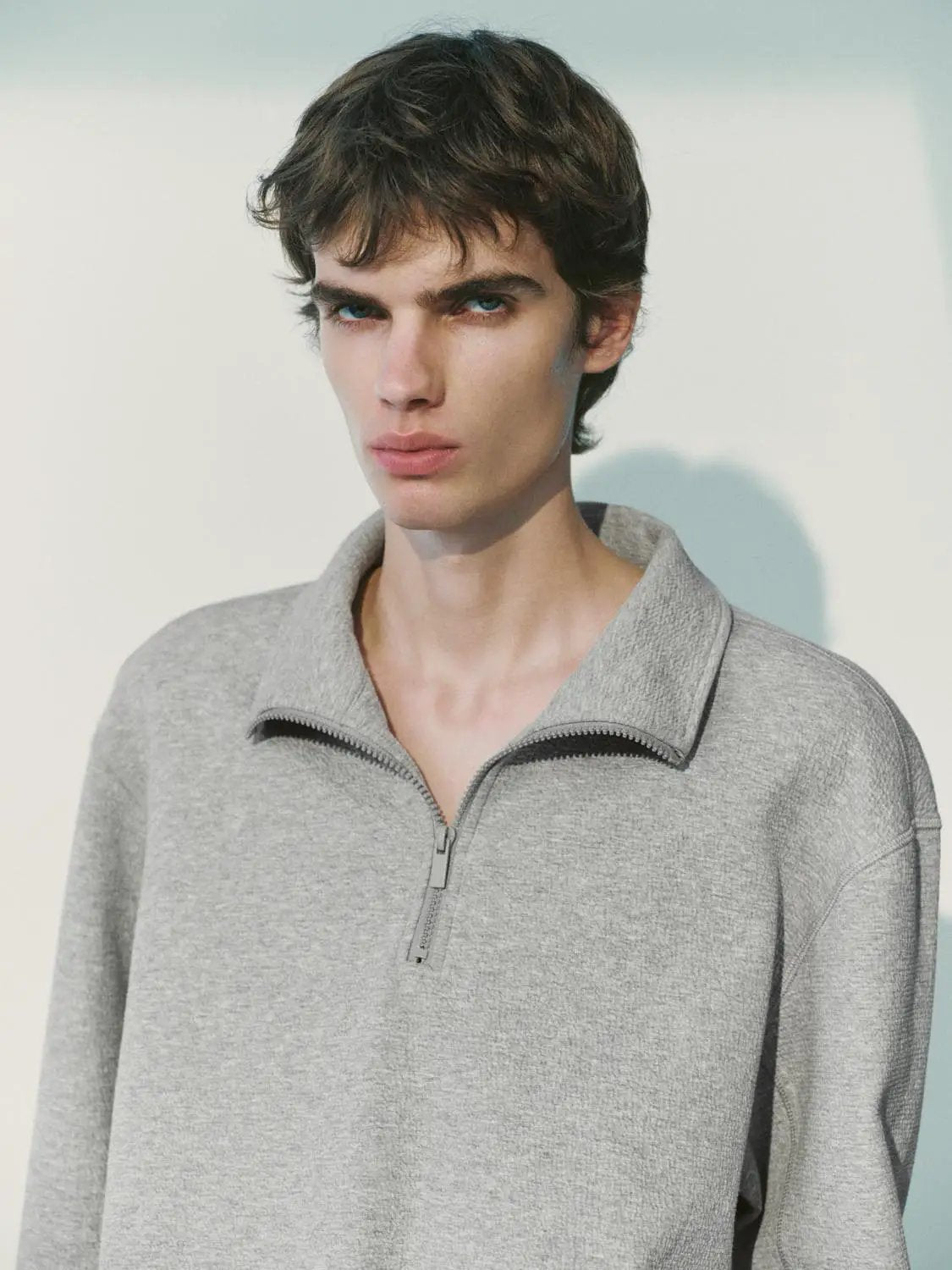 Textured Quarter-zip Long Sleeve Cotton Blend Sweatshirt