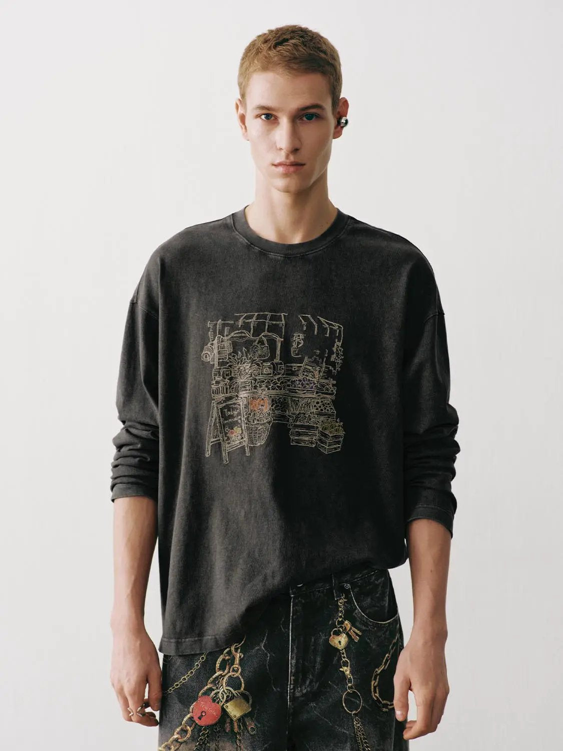 Washed Embroidered Graphic Long Sleeve Cotton T-Shirt