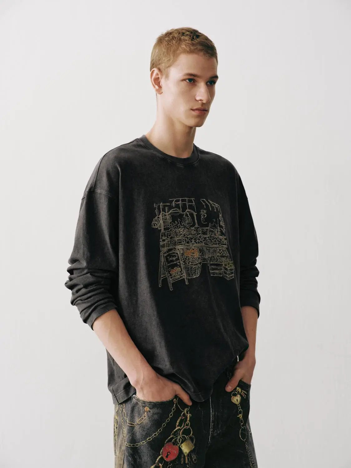 Washed Embroidered Graphic Long Sleeve Cotton T-Shirt