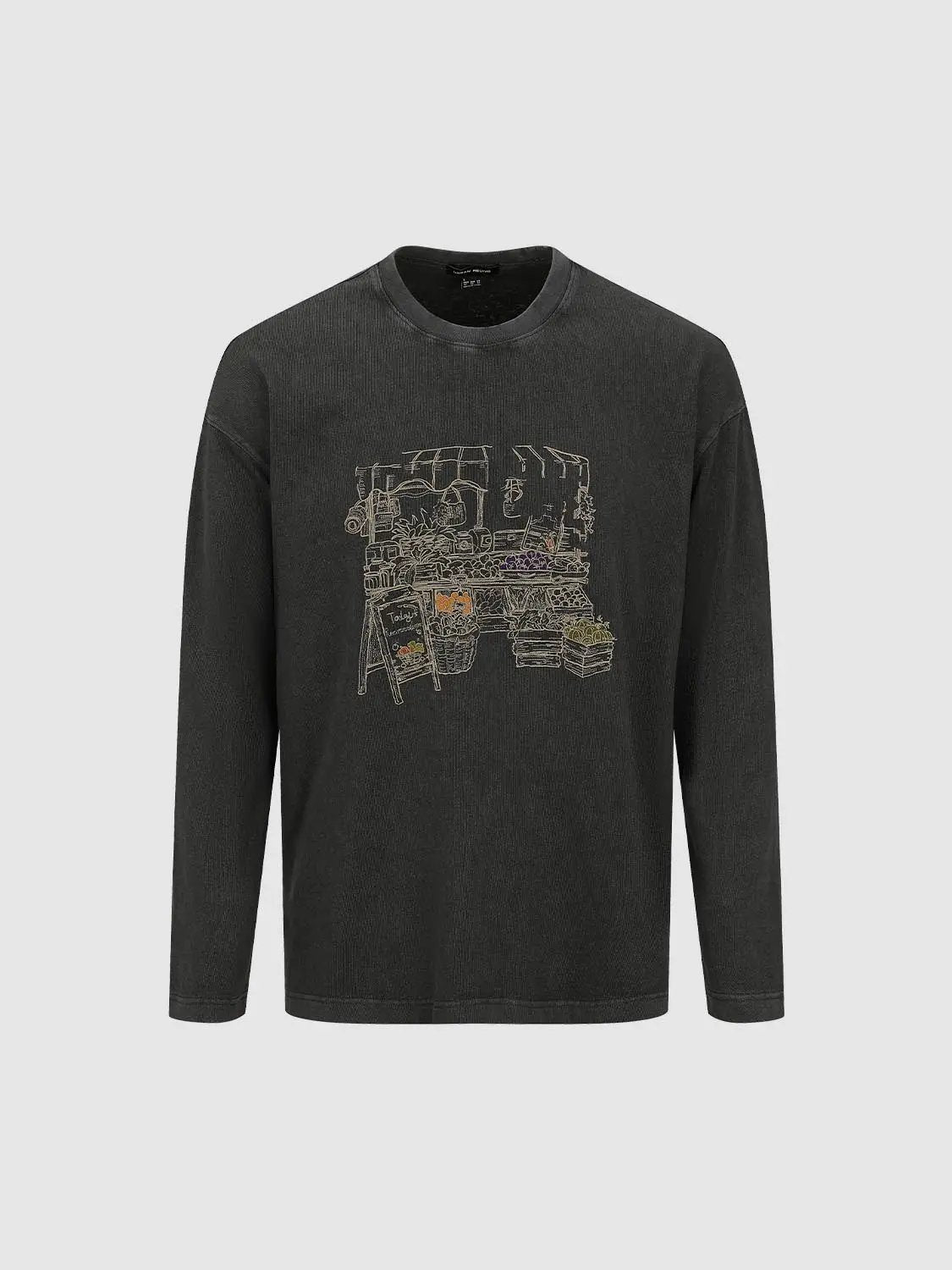 Washed Embroidered Graphic Long Sleeve Cotton T-Shirt