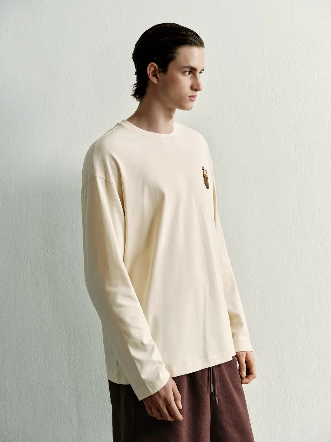 Embroidered Crew Neck Long Sleeve Cotton T-Shirt