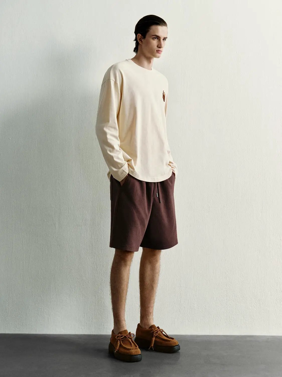 Embroidered Crew Neck Long Sleeve Cotton T-Shirt