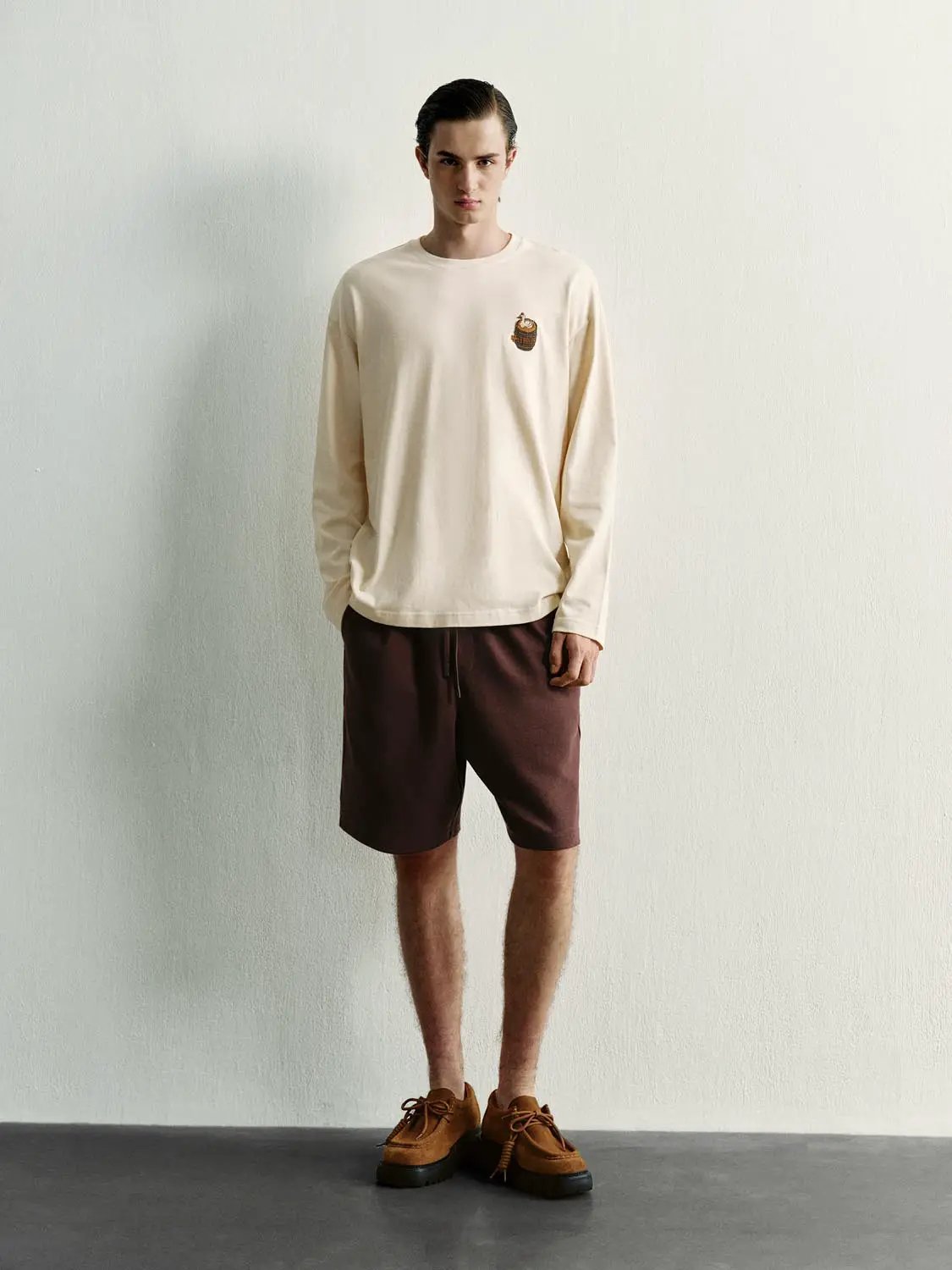 Embroidered Crew Neck Long Sleeve Cotton T-Shirt