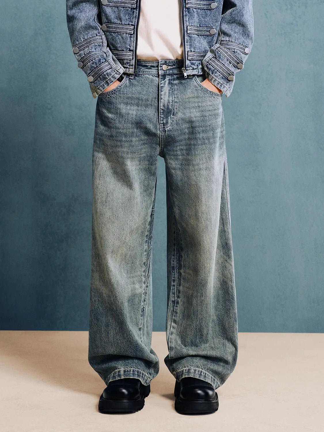 Faded Wide-leg Mid-rise Cotton Blend Jeans
