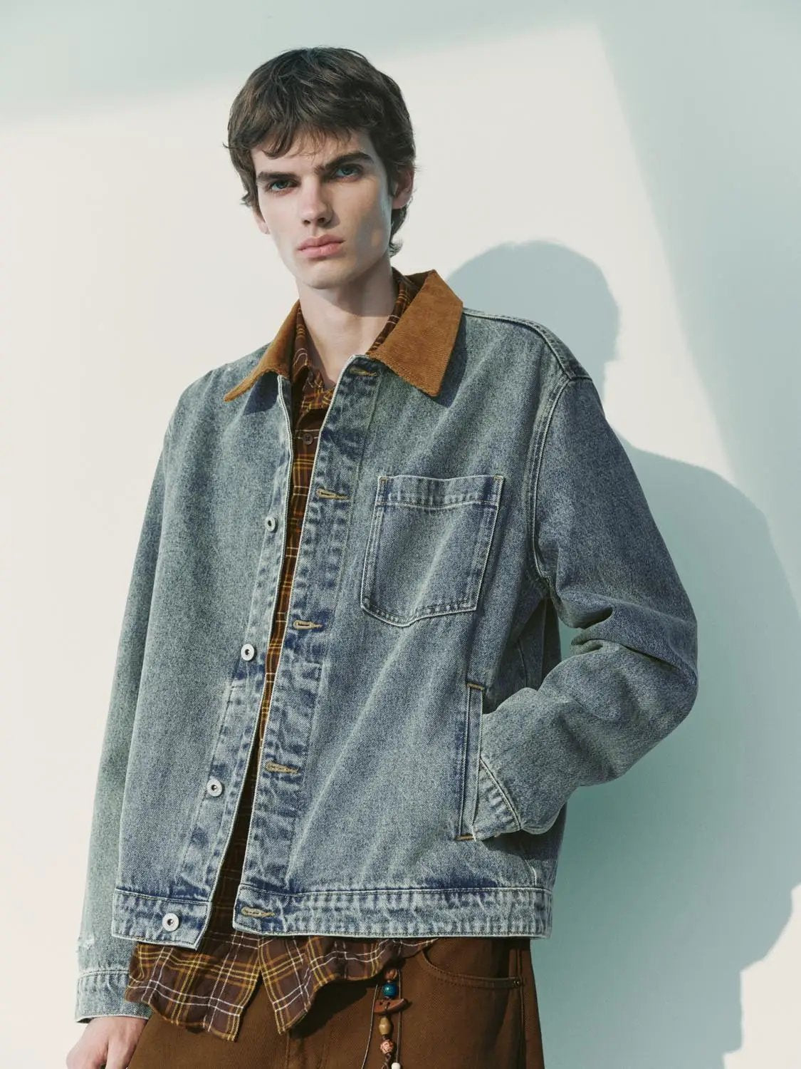 Button Front Faded Corduroy Collar Cotton Denim Jacket