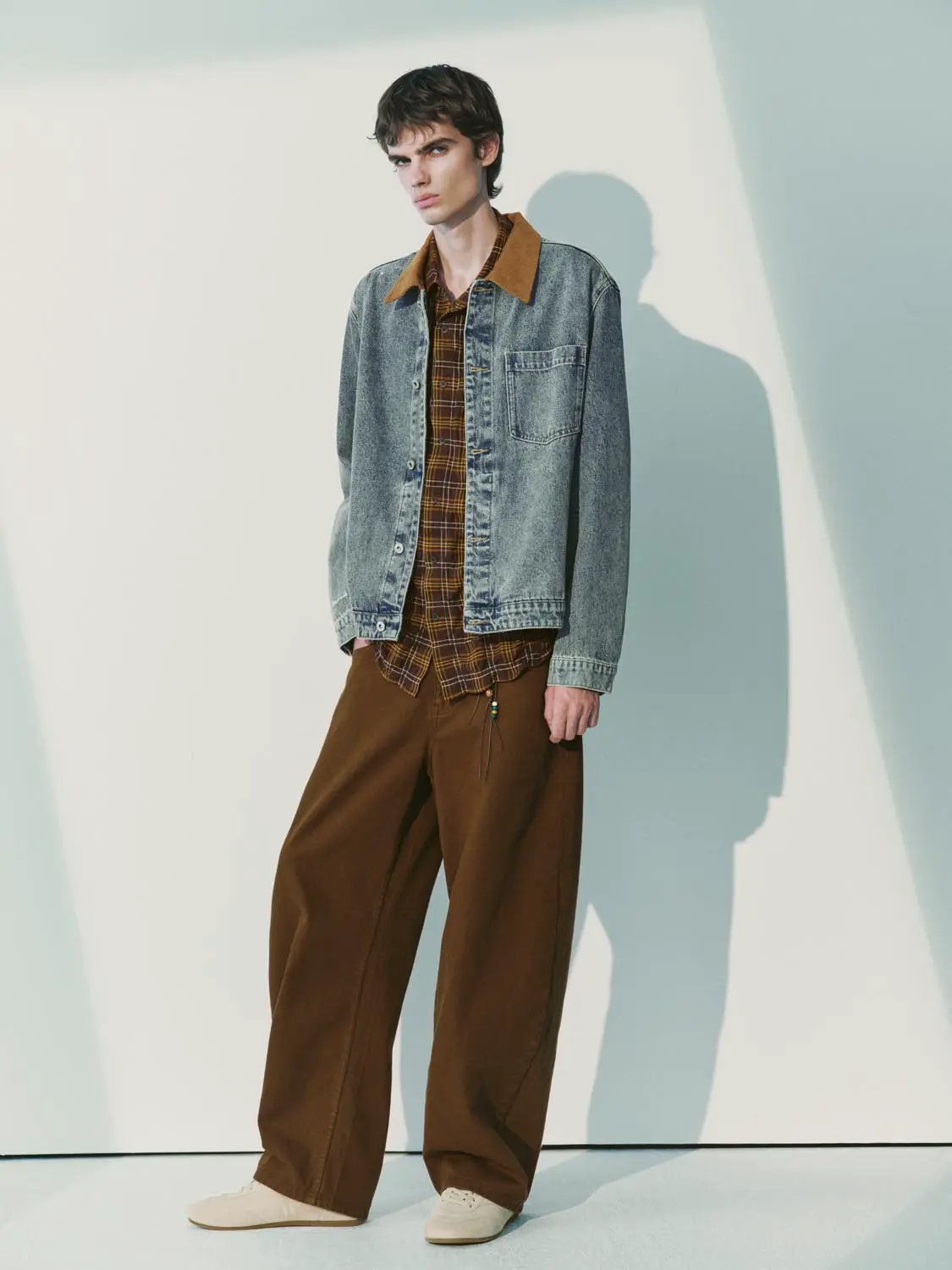 Button Front Faded Corduroy Collar Cotton Denim Jacket