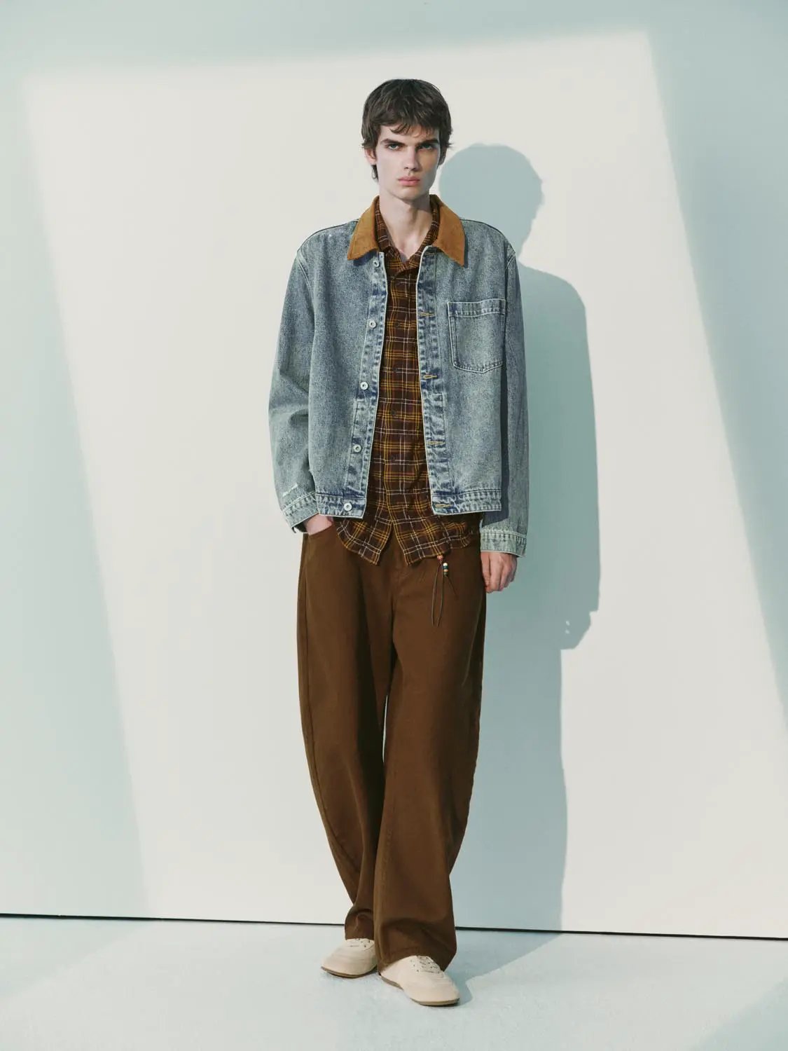 Button Front Faded Corduroy Collar Cotton Denim Jacket
