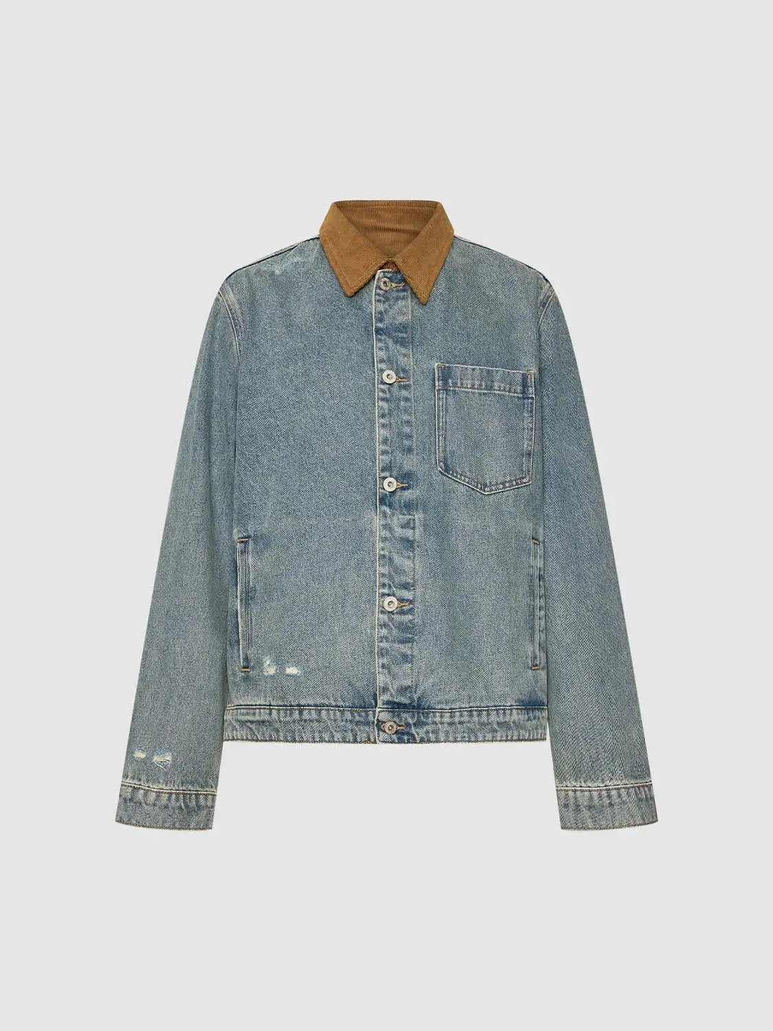 Button Front Faded Corduroy Collar Cotton Denim Jacket