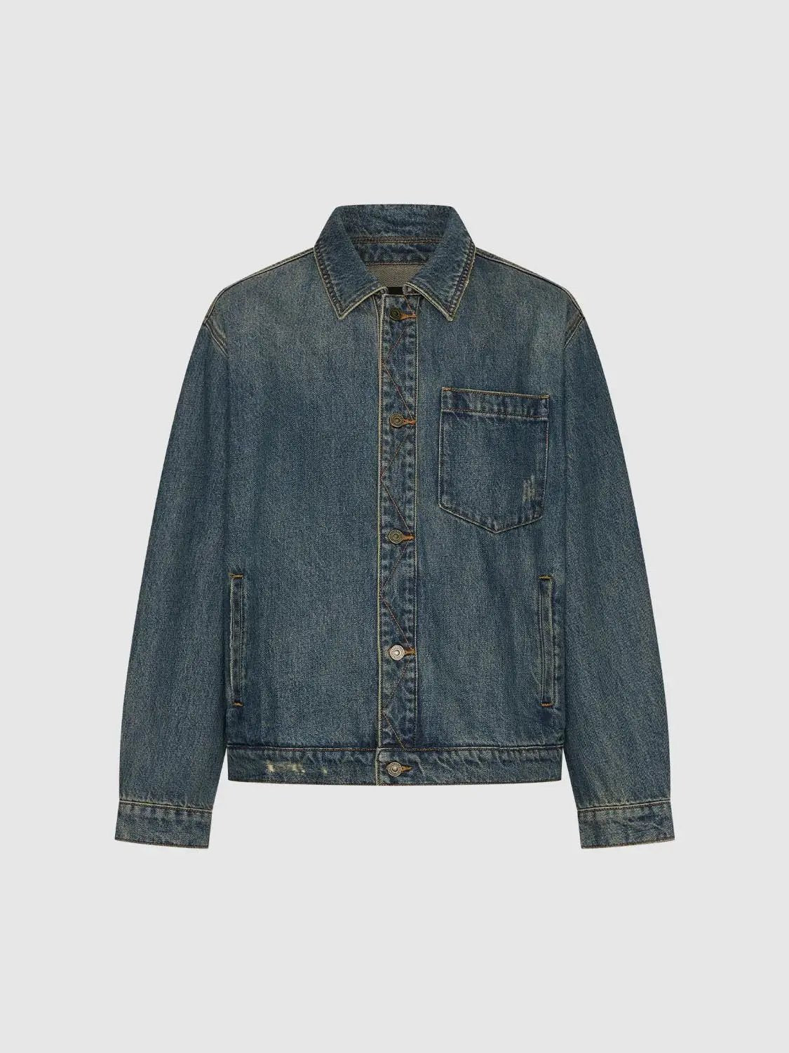 Button Front Long Sleeve Washed Cotton Denim Jacket