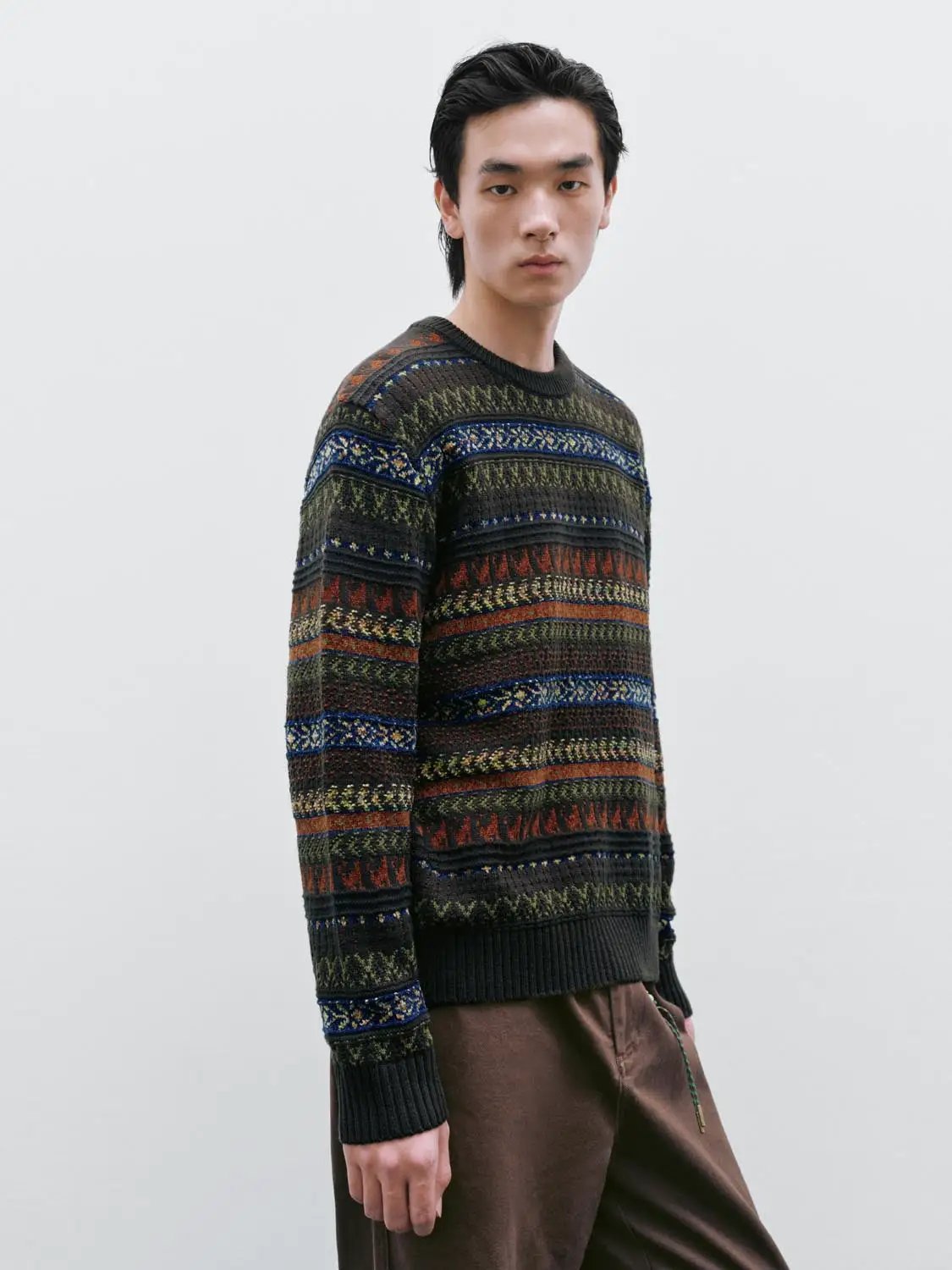 Crew Neck Striped Intarsia Knit Long Sleeve Sweater