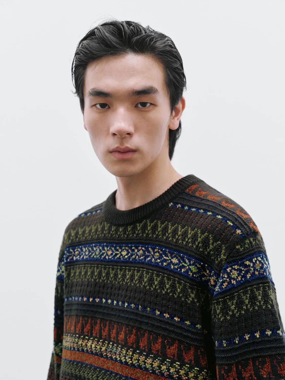 Crew Neck Striped Intarsia Knit Long Sleeve Sweater