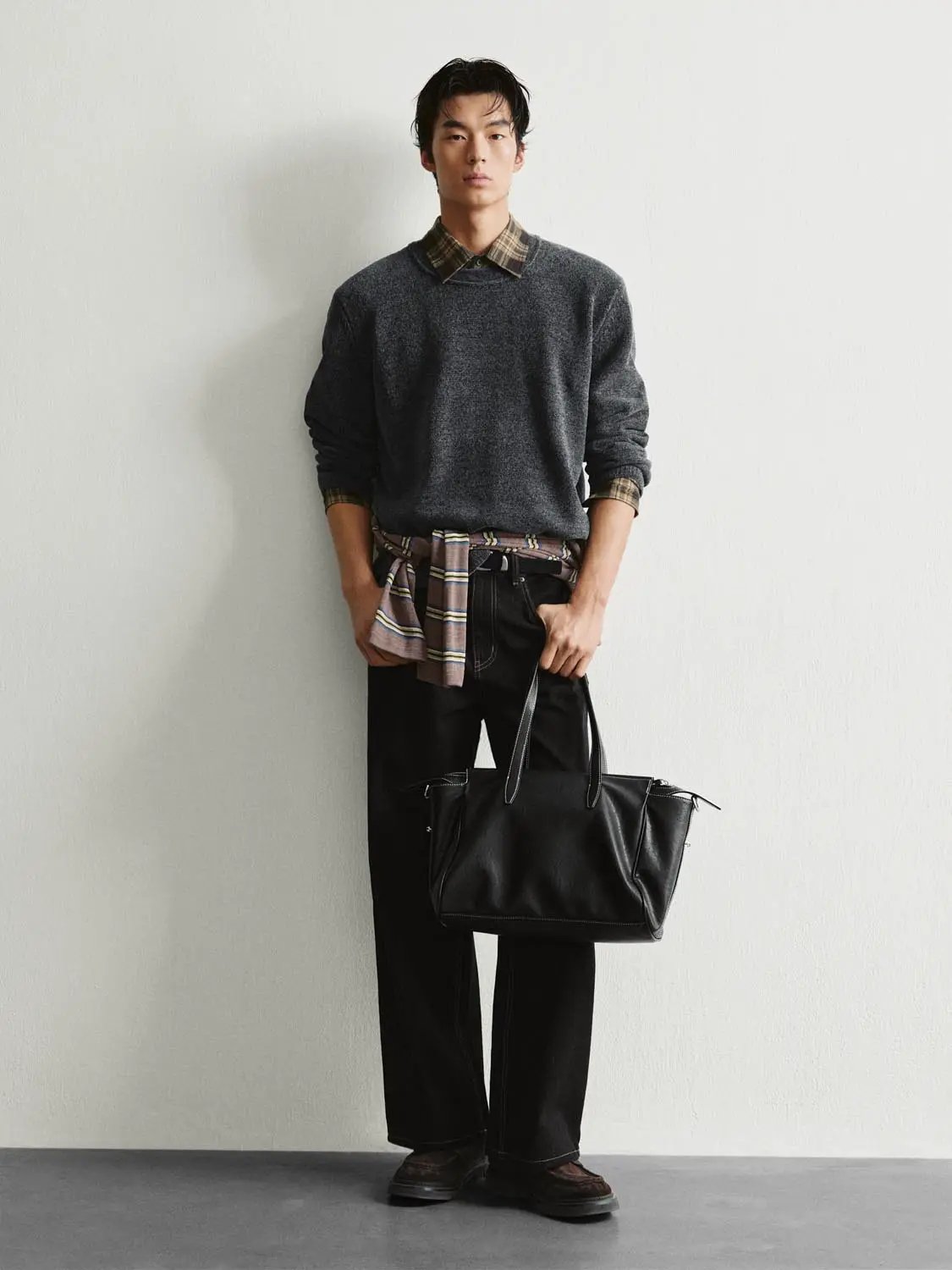 Checked Collar Long Sleeve Textured Knit Sweater