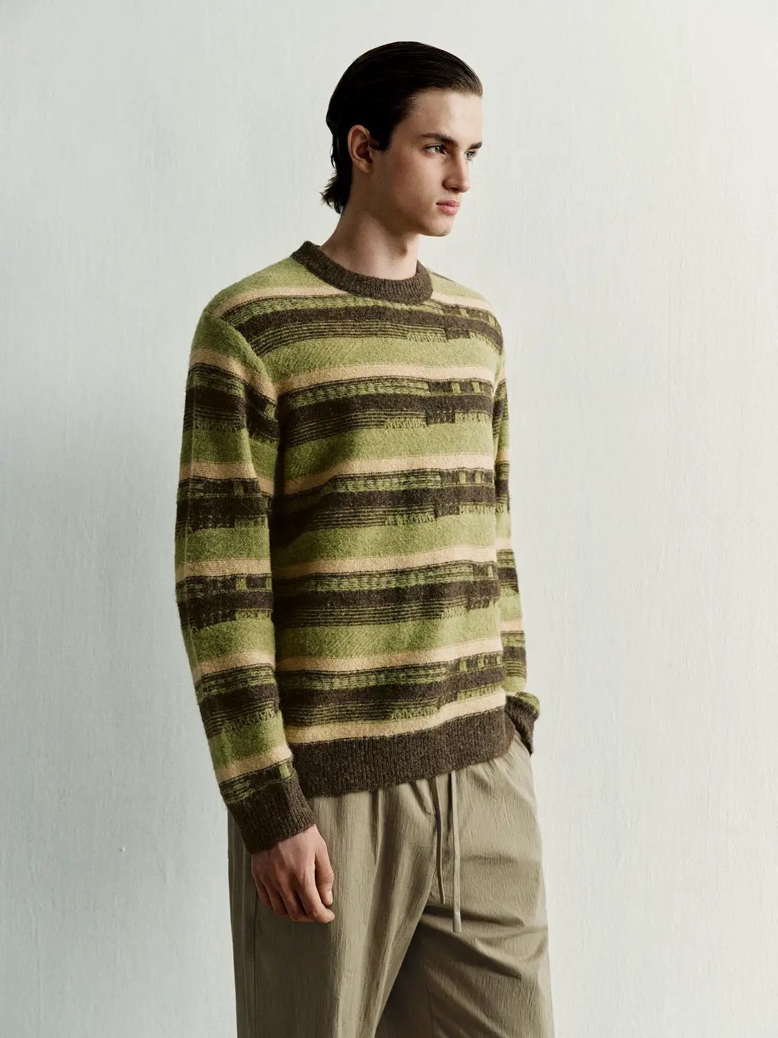 Ribbed Striped Crew Neck Long Sleeve Knit Sweater
