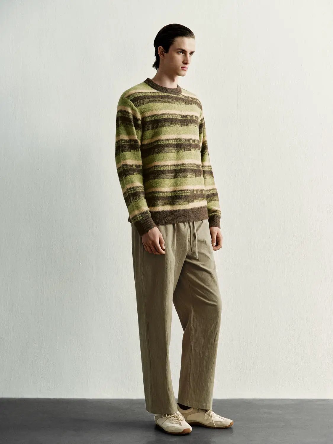 Ribbed Striped Crew Neck Long Sleeve Knit Sweater