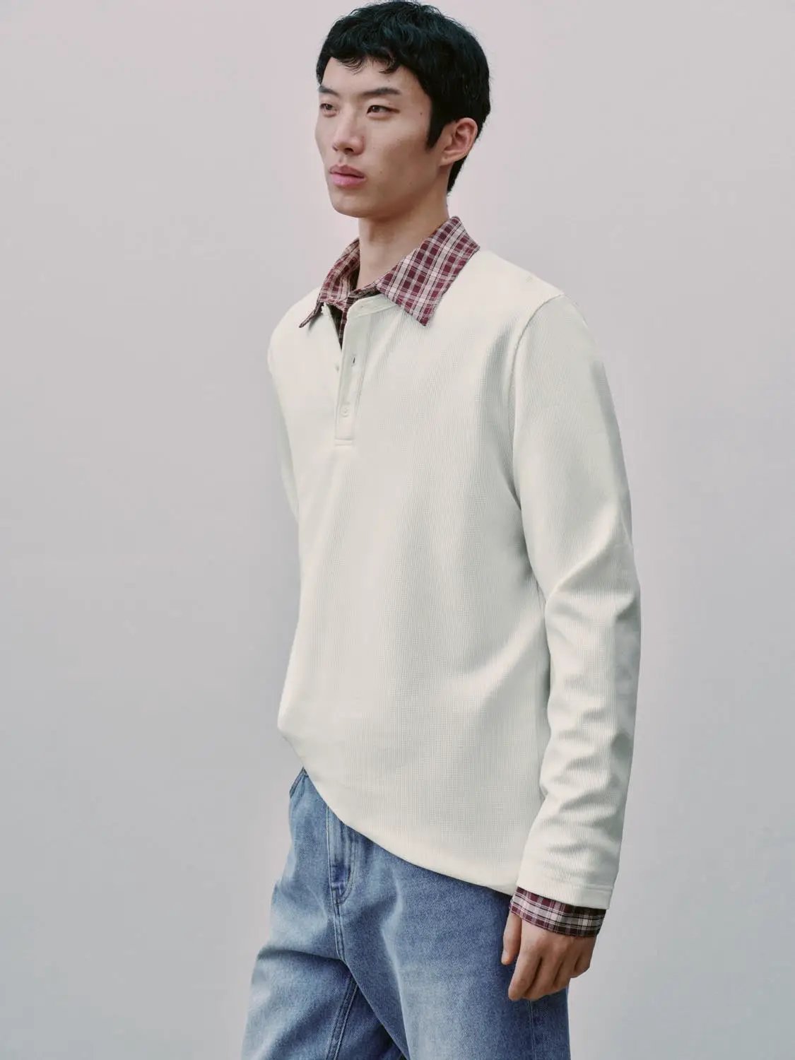 Ribbed Button Placket Long Sleeve Cotton Blend T-Shirt