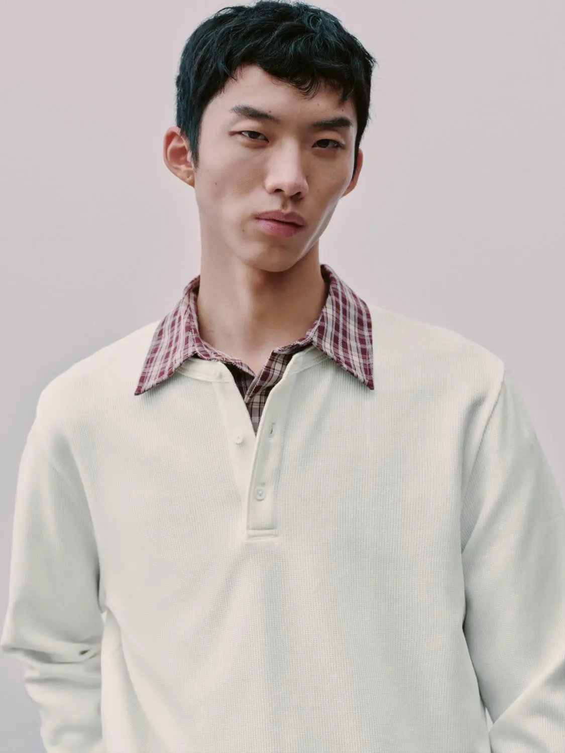 Ribbed Button Placket Long Sleeve Cotton Blend T-Shirt