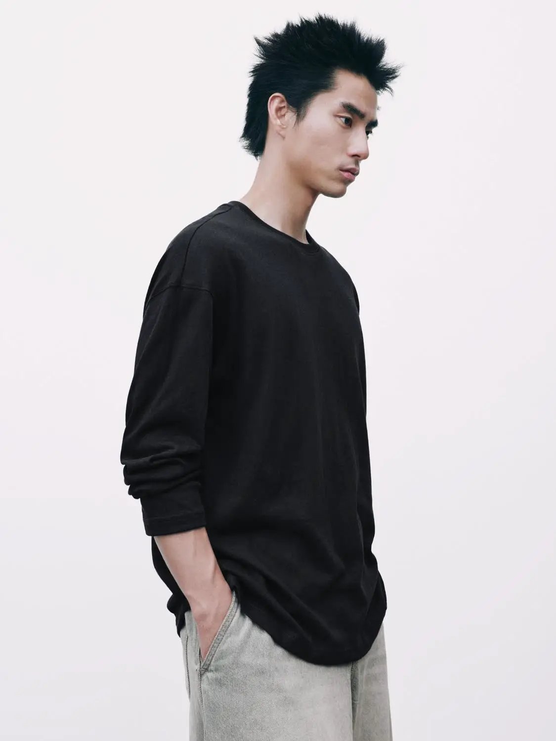 Solid Crew Neck Long Sleeve Cotton Blend T-Shirt
