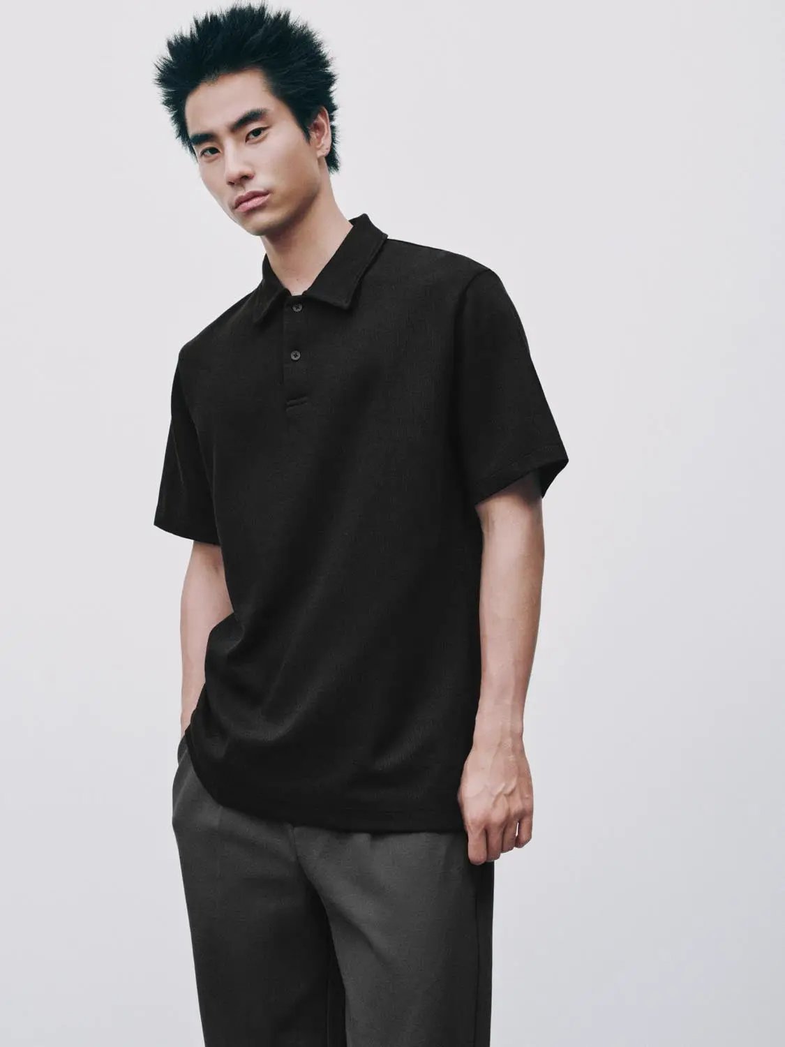 Textured Brushed Polo Cotton Blend Shirt