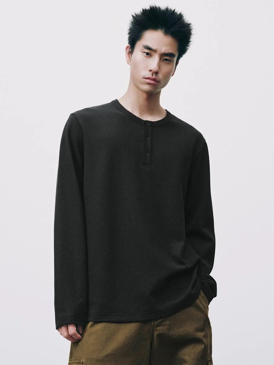 Ribbed Button Front Long Sleeve Cotton Blend T-Shirt