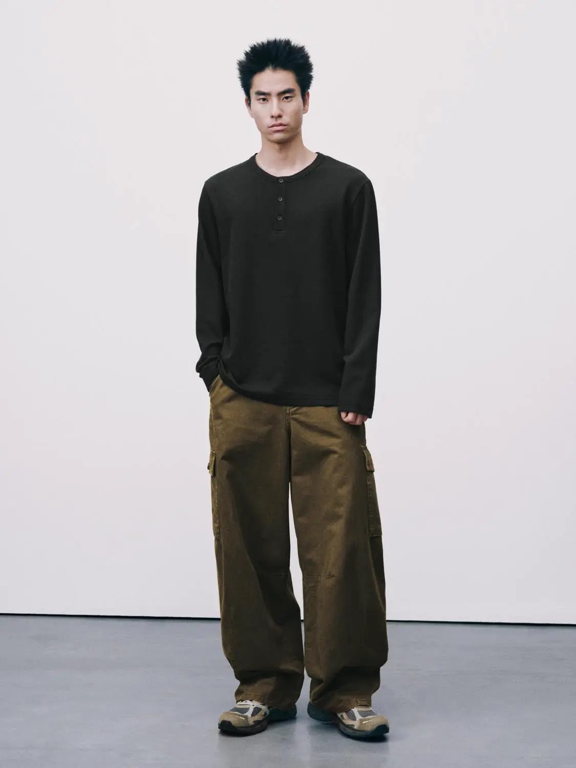 Ribbed Button Front Long Sleeve Cotton Blend T-Shirt