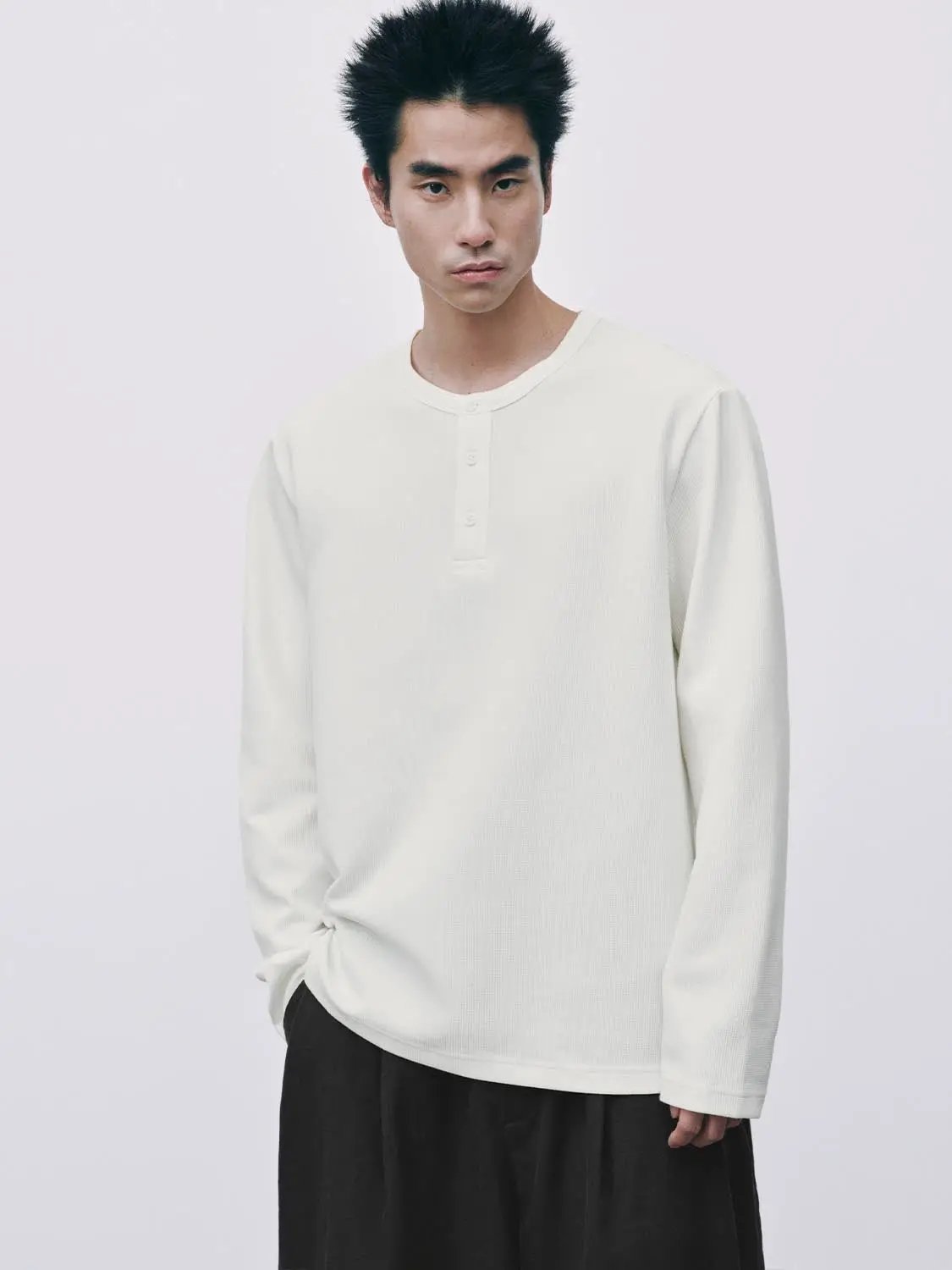 Ribbed Button Front Long Sleeve Cotton Blend T-Shirt