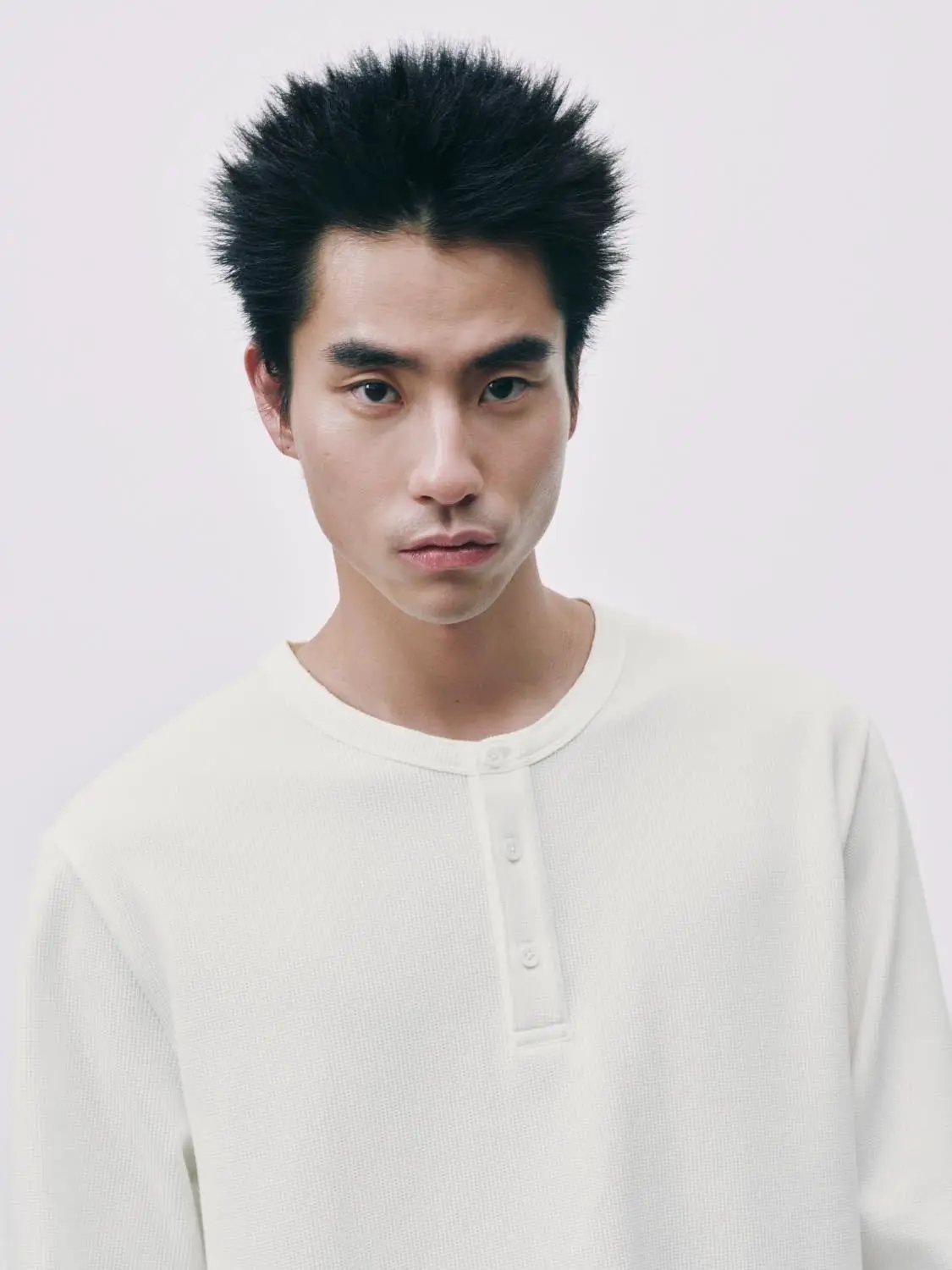 Ribbed Button Front Long Sleeve Cotton Blend T-Shirt