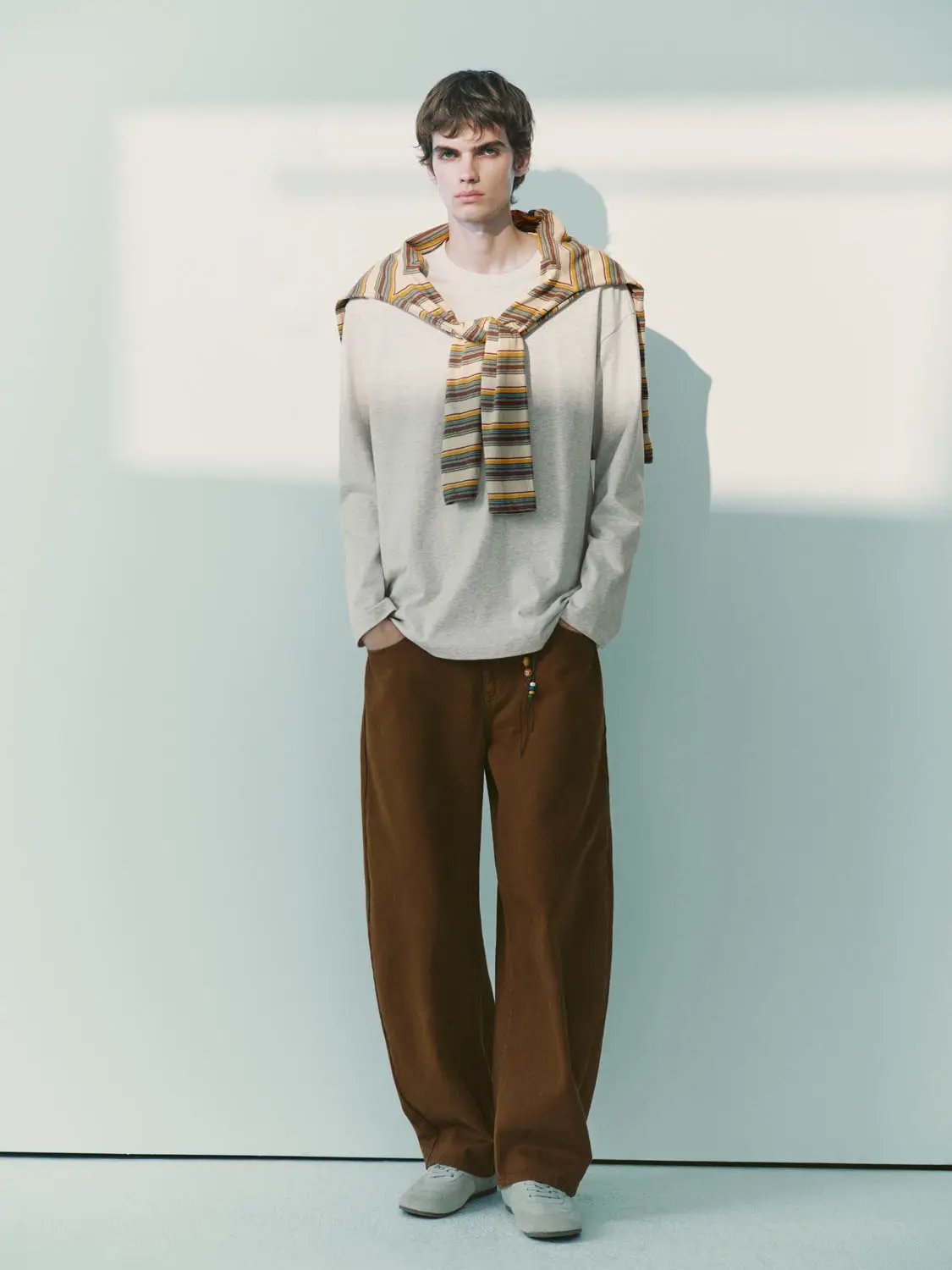 Striped Shawl Draped Cotton Long Sleeve Top