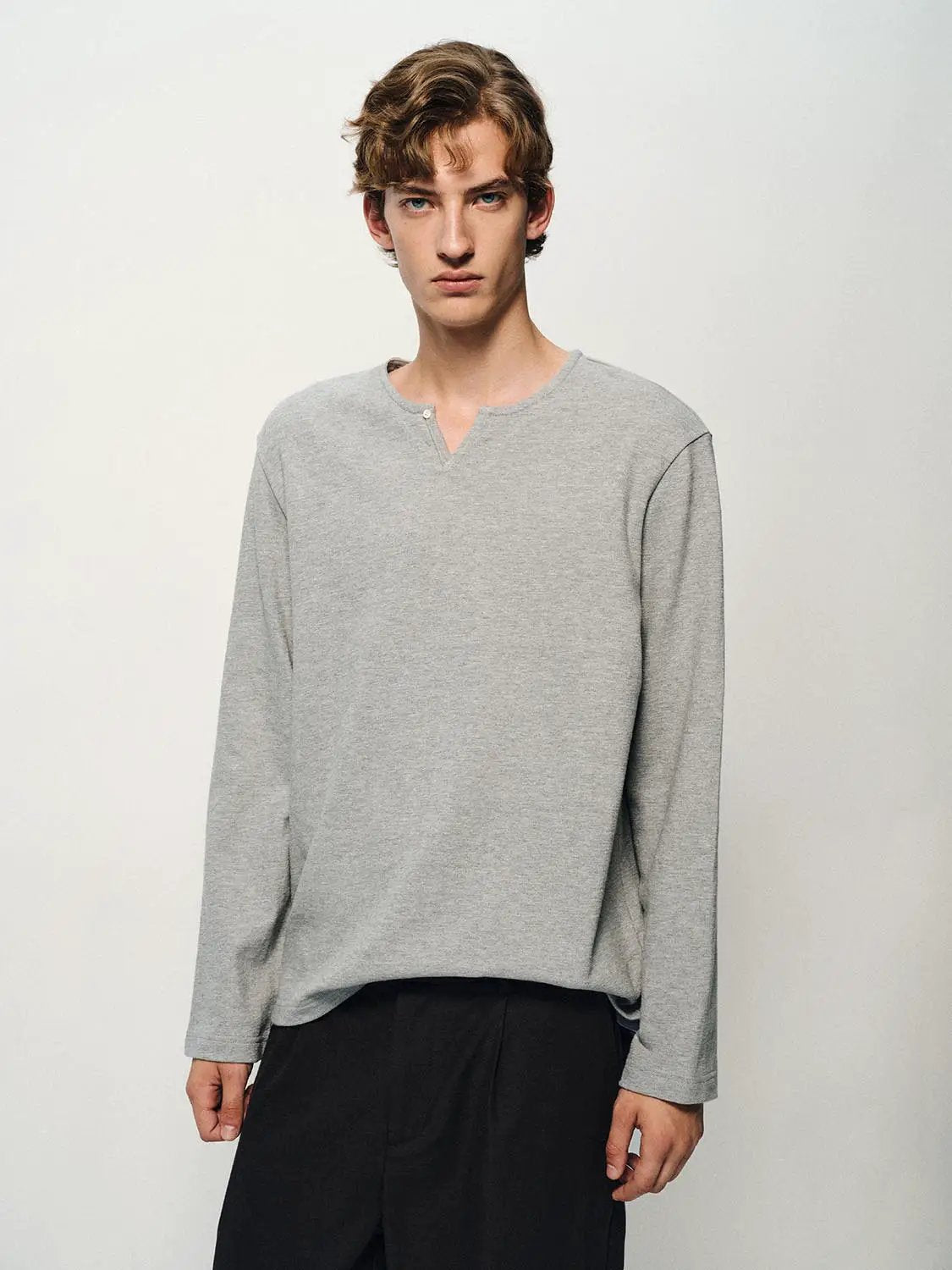 Solid Button Neck Long Sleeve Cotton T-Shirt