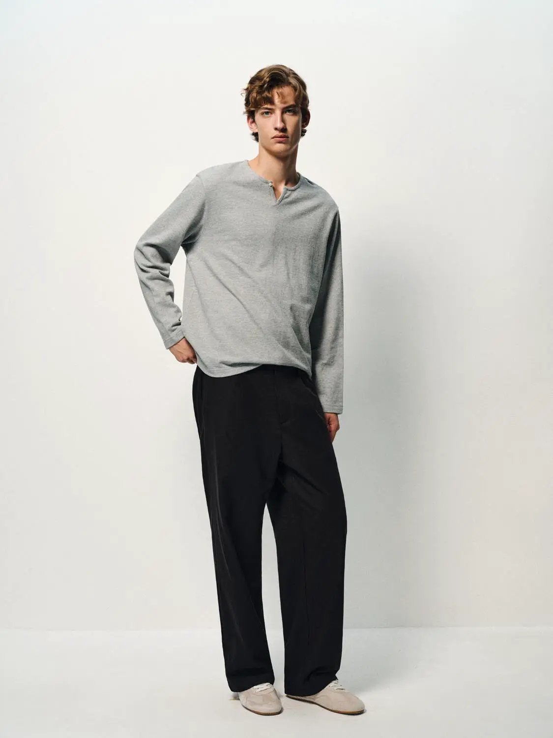 Solid Button Neck Long Sleeve Cotton T-Shirt