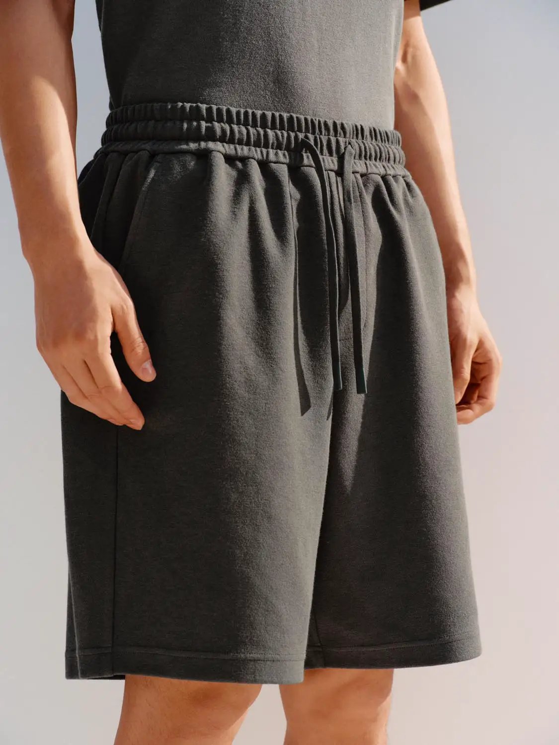 Elastic Drawstring Waist Cotton Blend Shorts