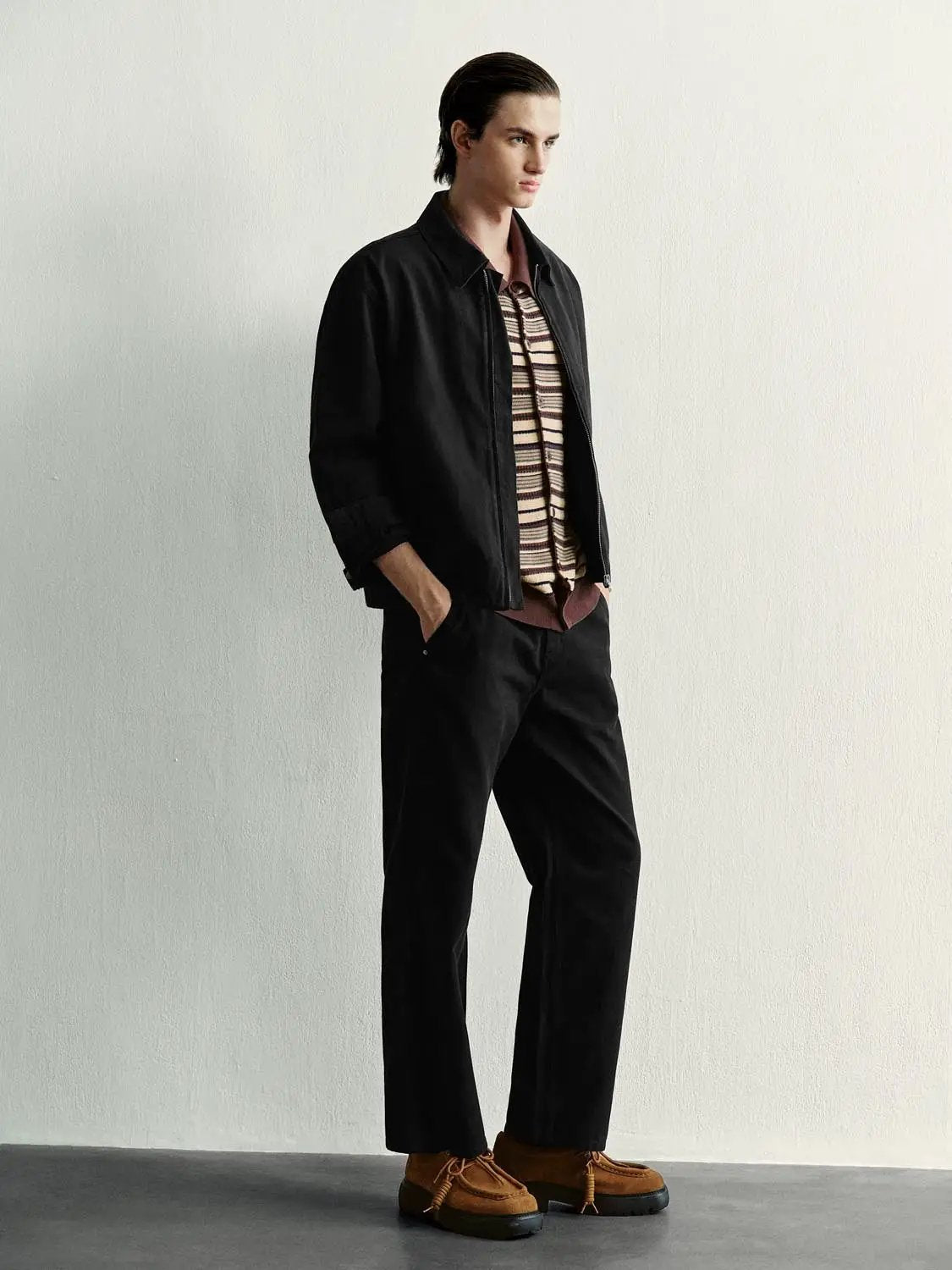 Zip Front Shirt Collar Long Sleeve Cotton Jacket