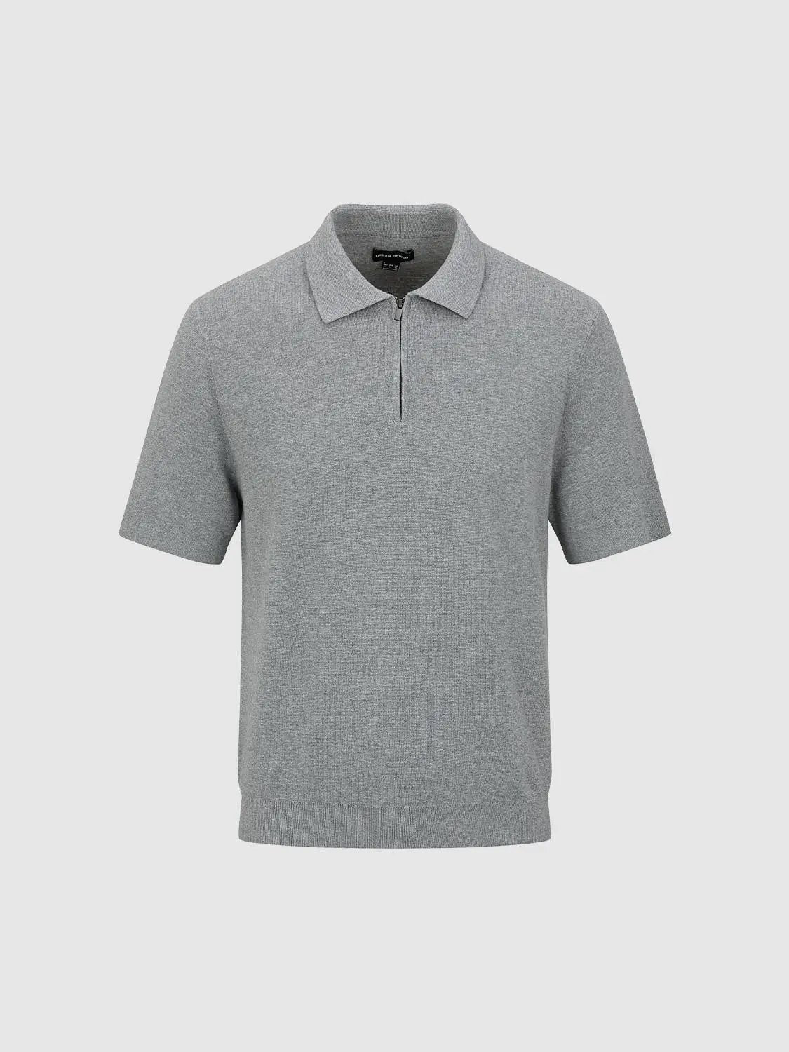 Knit Ribbed Hem Zip Neck Short Sleeve Cotton Shirt